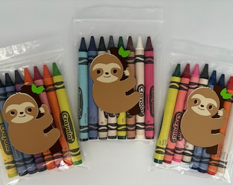 May include: Three clear plastic bags each containing a set of eight Crayola crayons and a brown sloth sticker. The sloth is holding onto a branch with a green leaf.