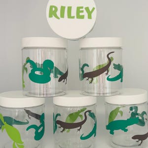 May include: Clear plastic jars with white lids, decorated with green and brown lizard and reptile designs. The lid of one jar has the name "RILEY" in green letters.