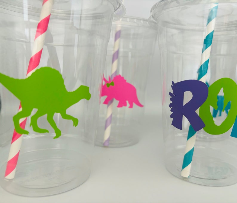 May include: Clear plastic cups with dinosaur silhouettes in green and pink. Each cup has a colorful paper straw. One cup has the word "ROAR" in purple and green. Party supplies.