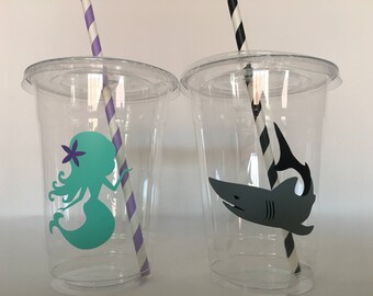 Mermaid and Shark Party, Shark or Mermaid Party, Shark or Mermaid Gender Reveal, Ocean Party cups, Mermaid Baby Shower, Shark Baby shower