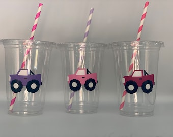 Girls Monster truck party cups, Monster Truck Birthday Party Cups, Pink Monster Truck, Party Favors, Truck Party, baby shower, Disposable