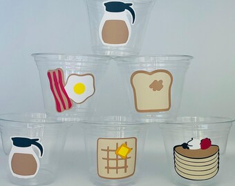 Breakfast Foods Party Cups, Breakfast Food Birthday Party, Slumber Party, Sleep over, Eggs, Pancake, Bacon, Toast, Syrup, Party Supplies