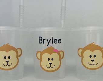 Monkey Party cups, Monkey Birthday Party Cups, Monkey Baby shower cups, Monkey party favors,Banana party, Party Supplies, Jungle, Reusable