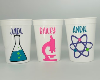 Girl Scientist Party Cups, Pink Mad Scientist Party cups, Science Party Cups, Scientist Birthday Party, Science party supplies,Reusable