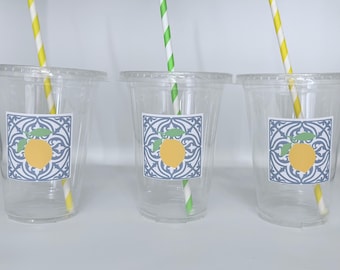 Amalfi Coast Party Cups, Tuscany Lemon Bridal Shower, Italian Summer Dolce Vita Bachelorette Party, Italian Lemon, Disposable, Blue Tile