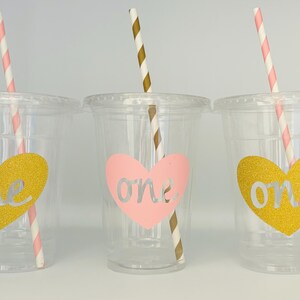 Girls 1st Birthday Party Cups, First Birthday Party Supplies, Pink and Gold First Birthday, Turning one party, First Birthday glitter gold