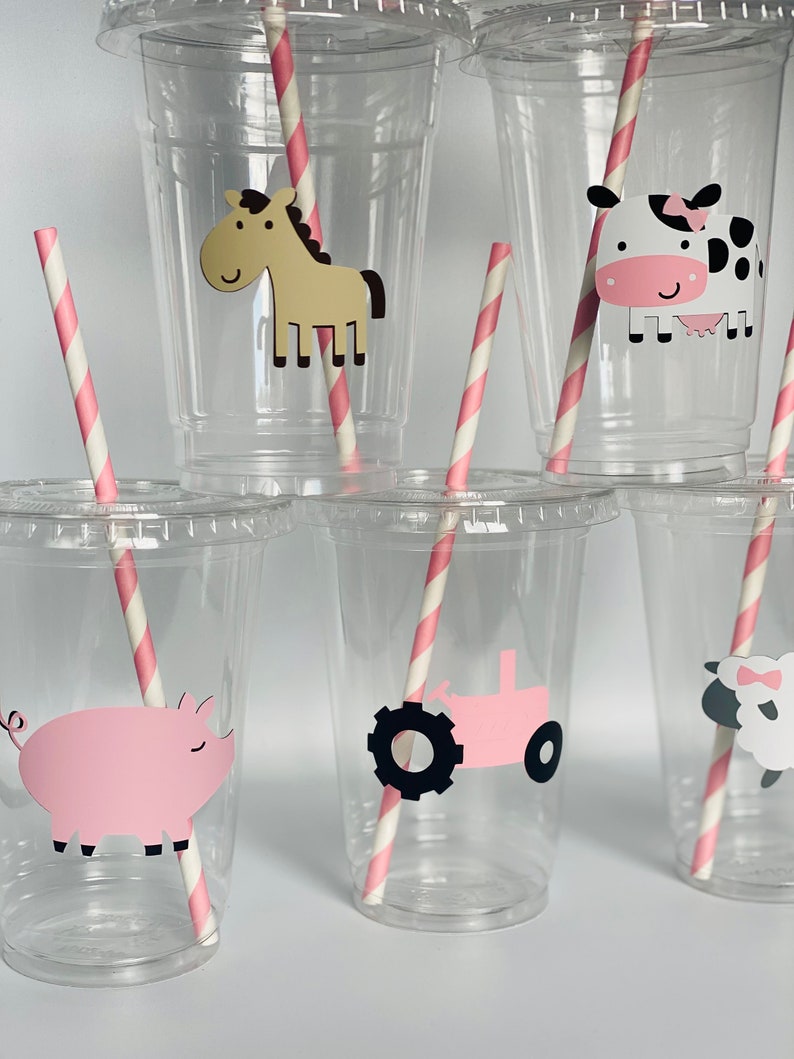 Girls farm party cups, Pink Farm Party, Pink Tractor Party, Farm Birthday Party, Farm Baby Shower, Girls Farm Birthday Party, Disposable image 4