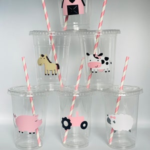 Girls farm party cups, Pink Farm Party, Pink Tractor Party, Farm Birthday Party, Farm Baby Shower, Girls Farm Birthday Party, Disposable
