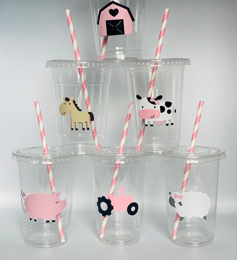 Girls farm party cups, Pink Farm Party, Pink Tractor Party, Farm Birthday Party, Farm Baby Shower, Girls Farm Birthday Party, Disposable image 1