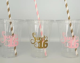 Sweet Sixteen Party Cups, Sweet 16 Party Cups, Sweet Sixteen Party Favors, Sweet Sixteen Party Favors, 16th Birthday  favors, Disposable