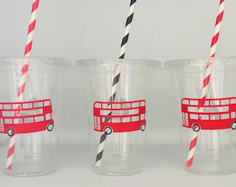 Vasos para fiestas en Londres, Fiesta de cumpleaños en Londres, Fiesta en autobús de dos pisos, Fiesta en autobús rojo, Suministros para fiestas en autobús, Fiesta de cumpleaños en autobús, Vasos desechables