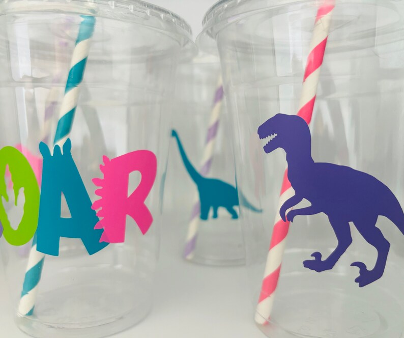 May include: Clear plastic cups with lids and striped straws. The cups are decorated with dinosaur silhouettes and the word "ROAR" in bright colors. A purple T-Rex dinosaur is featured on one cup.