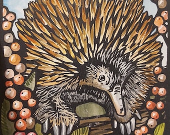 ORIGNAL LINOPRINT LINOCUT Hand Painted Lino Print, Australian animals wildlife, hedgehog 'Saddle Shed Echidna.'