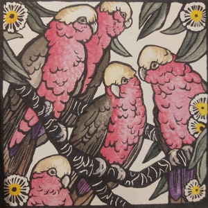 ORIGINAL LINOPRINT LINOCUT Hand coloured Linoprint Australian wildlife birds gum tree 'Great Galahs.'