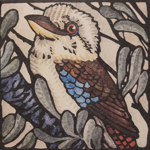 ORIGINAL LINOPRINT LINOCUT Limited edition, Hand coloured Linoprint of Australian wildlife. 'Kookaburra'