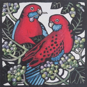 ORIGINAL LINOCUT LINOPRINT, Hand Painted Relief print, Linoprint Limited edition, Hand coloured  Australian wildlife 'Crimson Rosellas.'