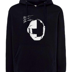 Könnte beinhalten: Schwarzer Kapuzenpullover mit weißer Grafik eines Helms und dem handgeschriebenen Text "Run on, Avec se, Moi mes". Der Pullover hat eine Vordertasche und eine Kapuze mit Kordelzug. Das Design ist minimalistisch.