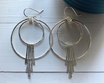 Pendientes colgantes de aro de plata de ley, pendientes con flecos martillados