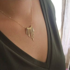 Gold Filled Fringe Necklace Pendant, Delicate Sunburst Necklace, Statement Hammered Bar Necklace for Women, Modern Elegant Handmade Jewelry