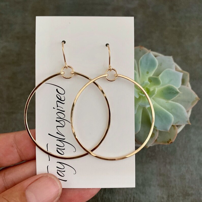 Gold Filled Dangle Hoop Earrings, Hammered Statement Earrings, Modern Elegant Earrings for Women, Handmade Jewelry image 3