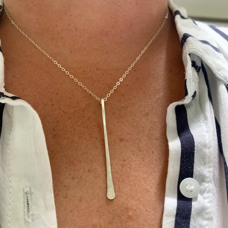 Sterling Silver Long Bar Necklace Pendant Delicate Everyday Minimal Necklace Handmade Jewelry Hammered Textured Necklace for Women