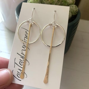 Mixed Metal Two Tone Gold Filled Hoop Earrings, Dangle Drop Hammered Bar Earrings, Modern Elegant Earrings for  Women, Handmade Jewelry