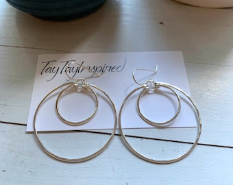 Sterling Silver Double Hoop Earrings, Modern Elegant Earrings, Statement Earrings for Women, Medium Hammered Earrings, Handmade Jewelry