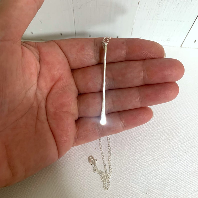 Sterling Silver Long Bar Necklace Pendant Delicate Everyday Minimal Necklace Handmade Jewelry Hammered Textured Necklace for Women