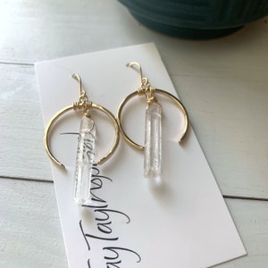 Quartz Crystal Hoop Earring, Gold Filled Boho Earrings, Dangle Drop Earrings, Crescent Moon Earrings for Women, Modern Elegant Earrings