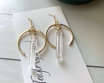 Quartz Crystal Hoop Earring, Gold Filled Boho Earrings, Dangle Drop Earrings, Crescent Moon Earrings for Women, Modern Elegant Earrings