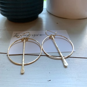 Gold Filled Dangle Drop Earrings, Hoop Bar Earrings, Hammered Circle Bar Earrings for Women, Modern Elegant Earrings, Statement Earrings