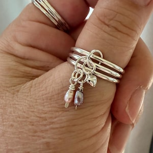 Sterling Silver Stacking Ring Set, Three Unfolding Bands, Pink Pearl Heart Charm Fidget Ring