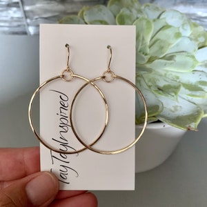 Gold filled medium hoop earrings, hammered for texture and shine. dangle drop earrings for women.