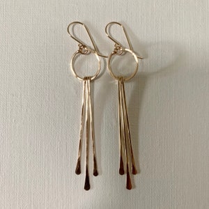 Gold Filled Hoop Fringe Earrings, Statement Boho Earrings, Dangle Drop Earrings for Women, Modern Elegant Earrings, Hammered Bar Earrings