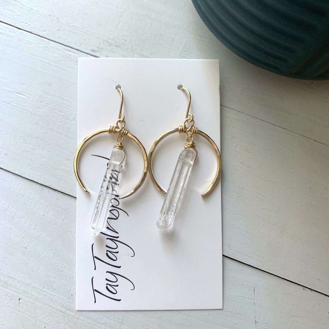 Crystal Hoop Earrings, Boho Dangle Drop Earrings, Statement Quartz Earrings, Gold Filled