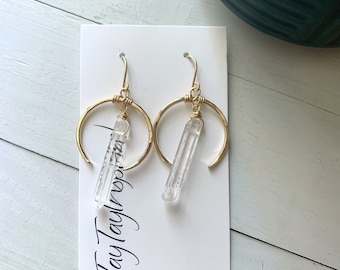 Crystal Hoop Earrings, Boho Dangle Drop Earrings, Statement Quartz Earrings, Gold Filled Earrings for Women, Modern Elegant Handmade Jewelry