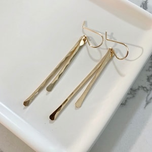 Gold Filled Double Bar Earrings, Long Dangle Drop Earrings, Modern Elegant Earrings, Hammered Statement Earrings, Handmade Jewelry for Women