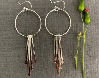 Sterling Silver Fringe Earrings, Statement Hoop Bar Earrings, Handmade Jewelry for Women, Dangle Drop Earrings, Modern Elegant Earrings