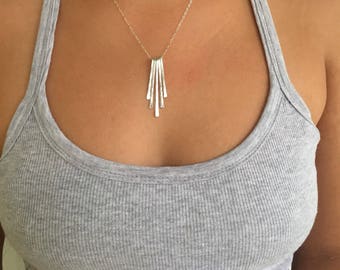 Sterling Silver Statement Necklace, Fringe Bar Necklace, Hammered Necklace Pendant, Modern Elegant Necklace for Women, Handmade Jewelry