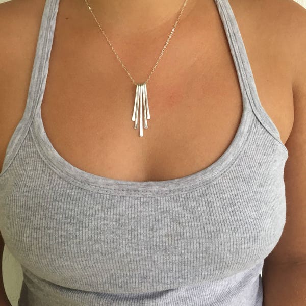 Sterling Silver Statement Necklace, Fringe Bar Necklace, Hammered Necklace Pendant, Modern Elegant Necklace for Women, Handmade Jewelry