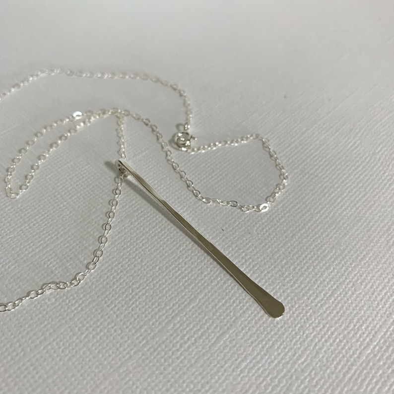 Sterling Silver Long Bar Necklace Pendant Delicate Everyday Minimal Necklace Handmade Jewelry Hammered Textured Necklace for Women