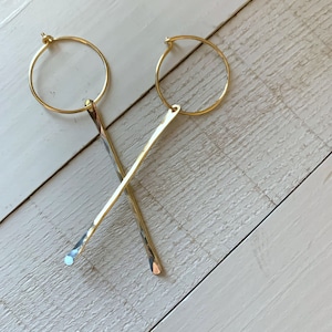 Handmade Gold Filled Hoop Earrings, Dangle Drop Everyday Earrings, Hammered Bar Earrings, Modern Elegant Earrings for  Women