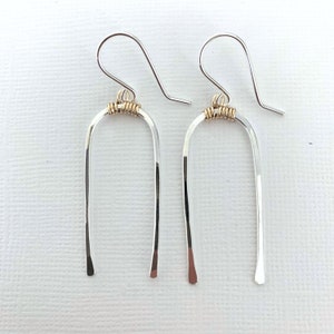 Sterling Silver U Shaped Earrings, Hoop Earrings for Women, Hammered Mixed Metal Earrings, Dangle Drop Earrings, Modern Elegant Earrings