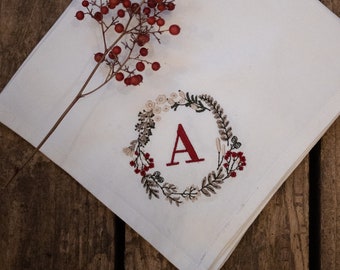 Personalized napkin with initial and embroidered Christmas wreath