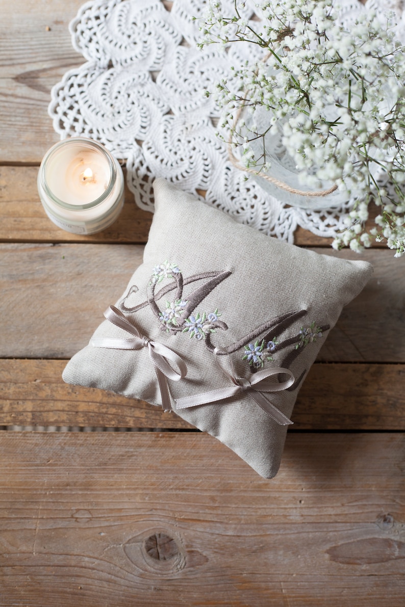 Personalized Wedding Ring Holder Cushion Taupe, Embroidered Initials 100% Made in Italy image 3