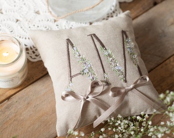 Personalized Wedding Ring Holder Cushion - Taupe, Embroidered Initials - 100% Made in Italy