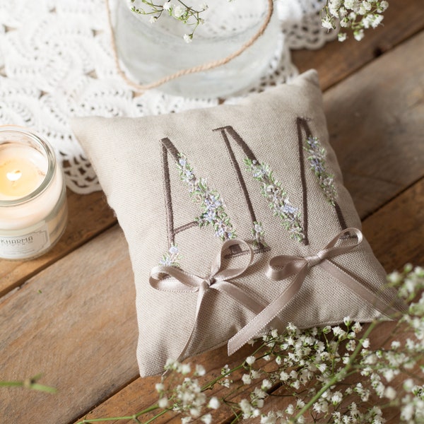 Personalized Wedding Ring Holder Cushion - Taupe, Embroidered Initials - 100% Made in Italy