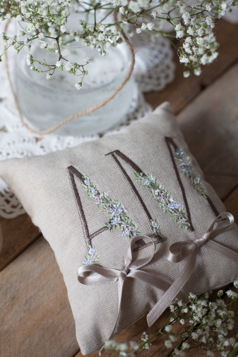 Personalized Wedding Ring Holder Cushion Taupe, Embroidered Initials 100% Made in Italy image 2