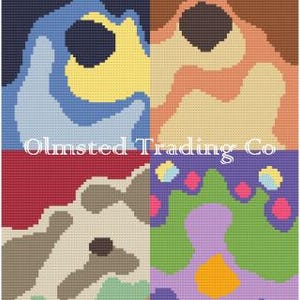 Peut inclure: Un collage numérique de quatre motifs abstraits. Le motif en haut à gauche est bleu et jaune. Le motif en haut à droite est brun, orange et jaune. Le motif en bas à gauche est rouge, brun et vert. Le motif en bas à droite est violet, vert et jaune.