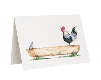 Cockerel and Pigeon Greetings Card